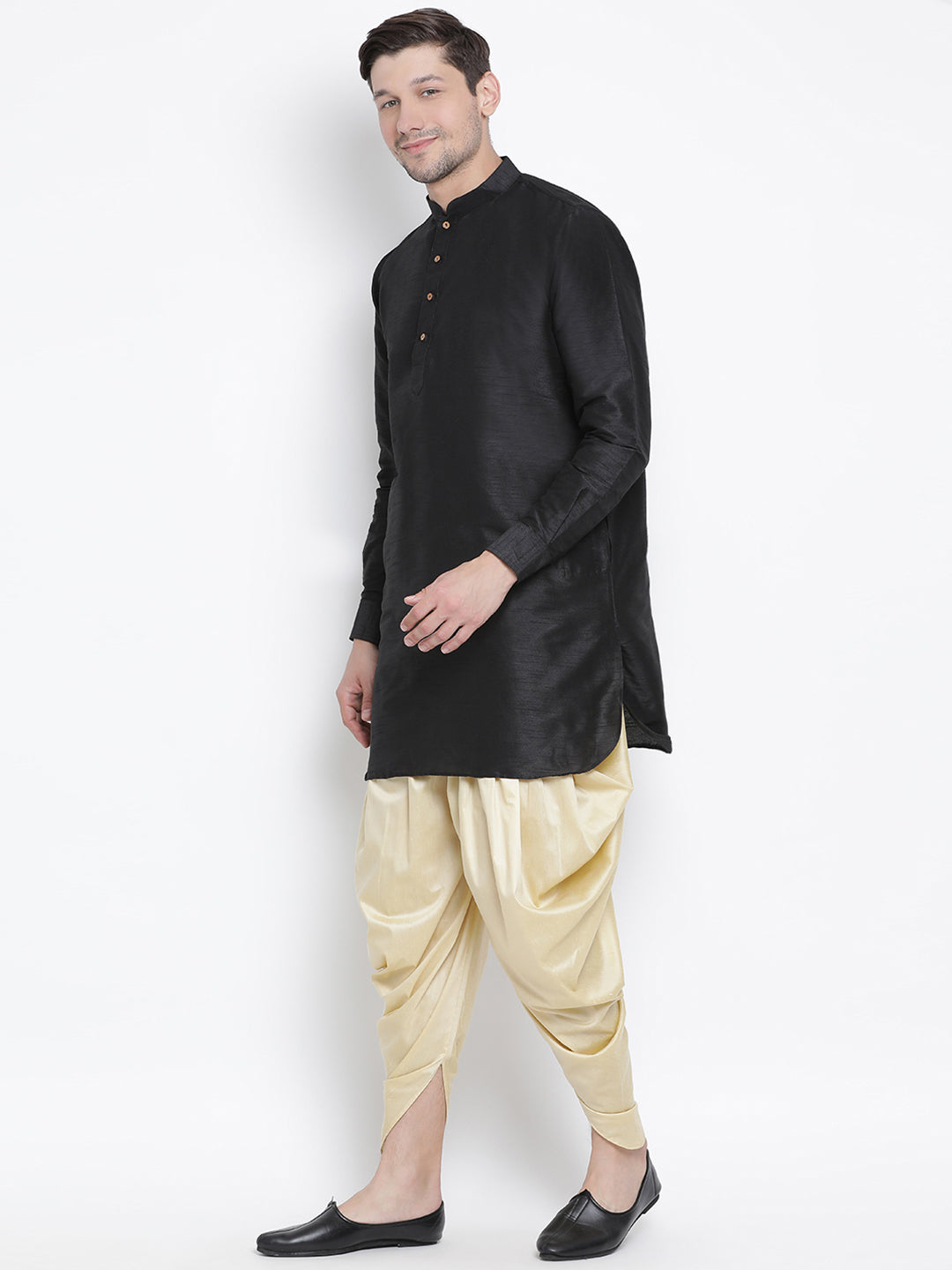 Sarvati Men's Black Silk Blend Curved Kurta Dhoti Set