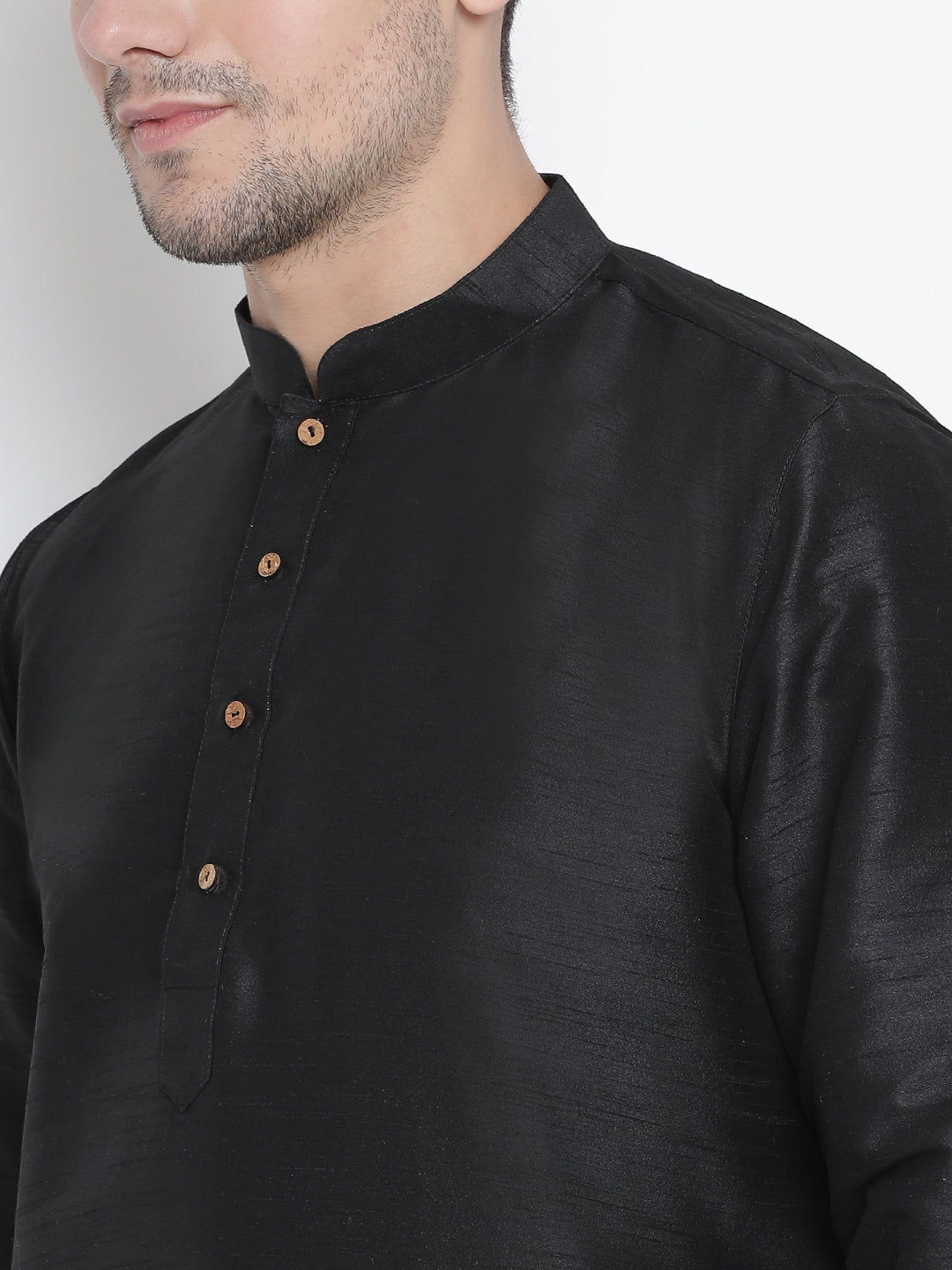 Sarvati Men's Black Silk Blend Curved Kurta Dhoti Set