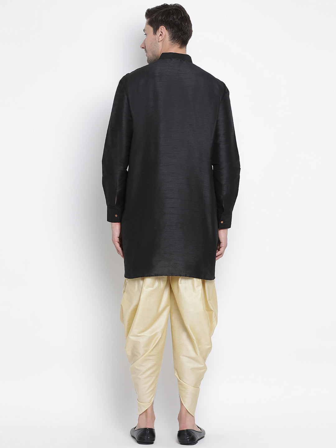 Sarvati Men's Black Silk Blend Curved Kurta Dhoti Set
