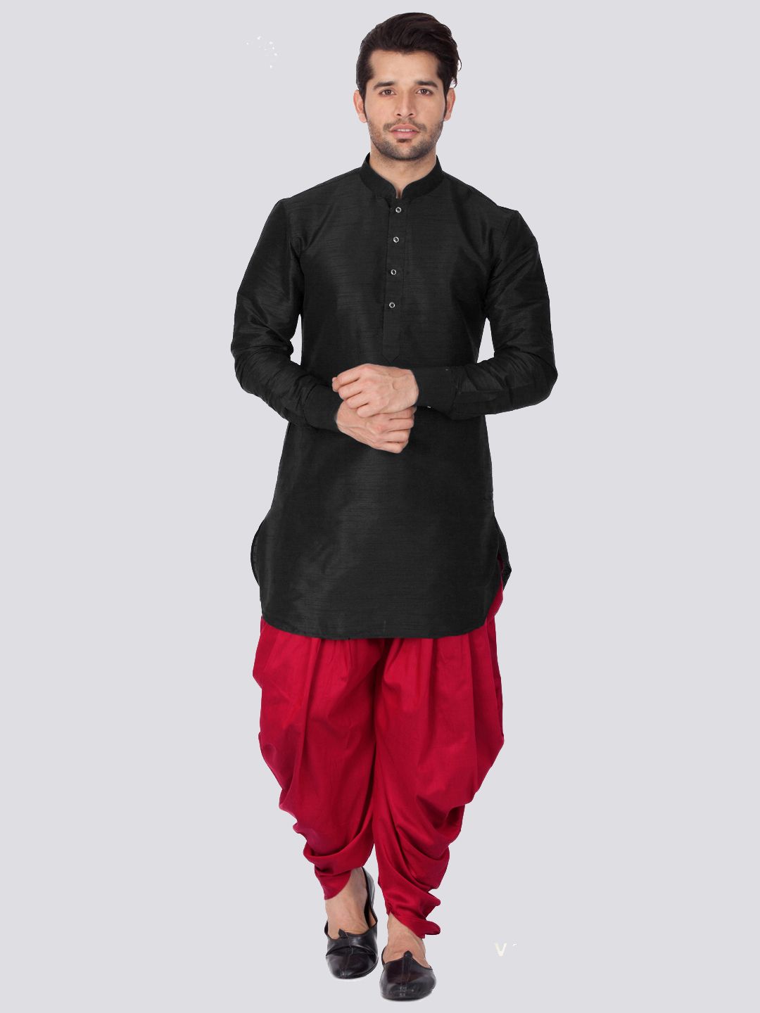 Sarvati Men's Black Silk Blend Curved Kurta Dhoti Set