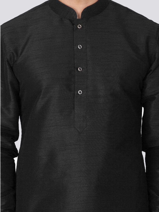 Sarvati Men's Black Silk Blend Curved Kurta Dhoti Set