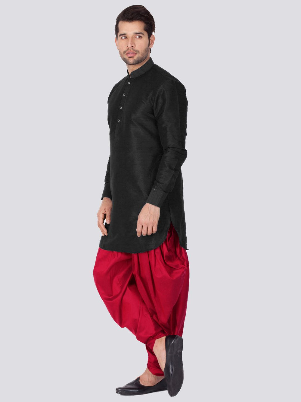 Sarvati Men's Black Silk Blend Curved Kurta Dhoti Set