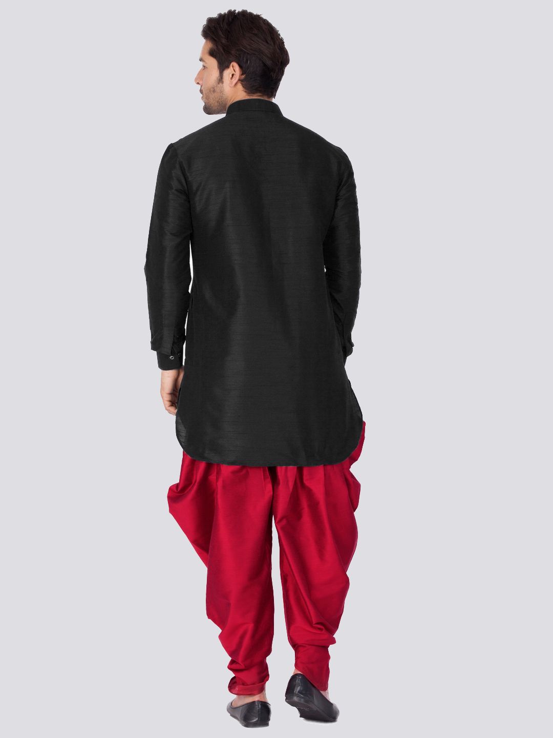 Sarvati Men's Black Silk Blend Curved Kurta Dhoti Set