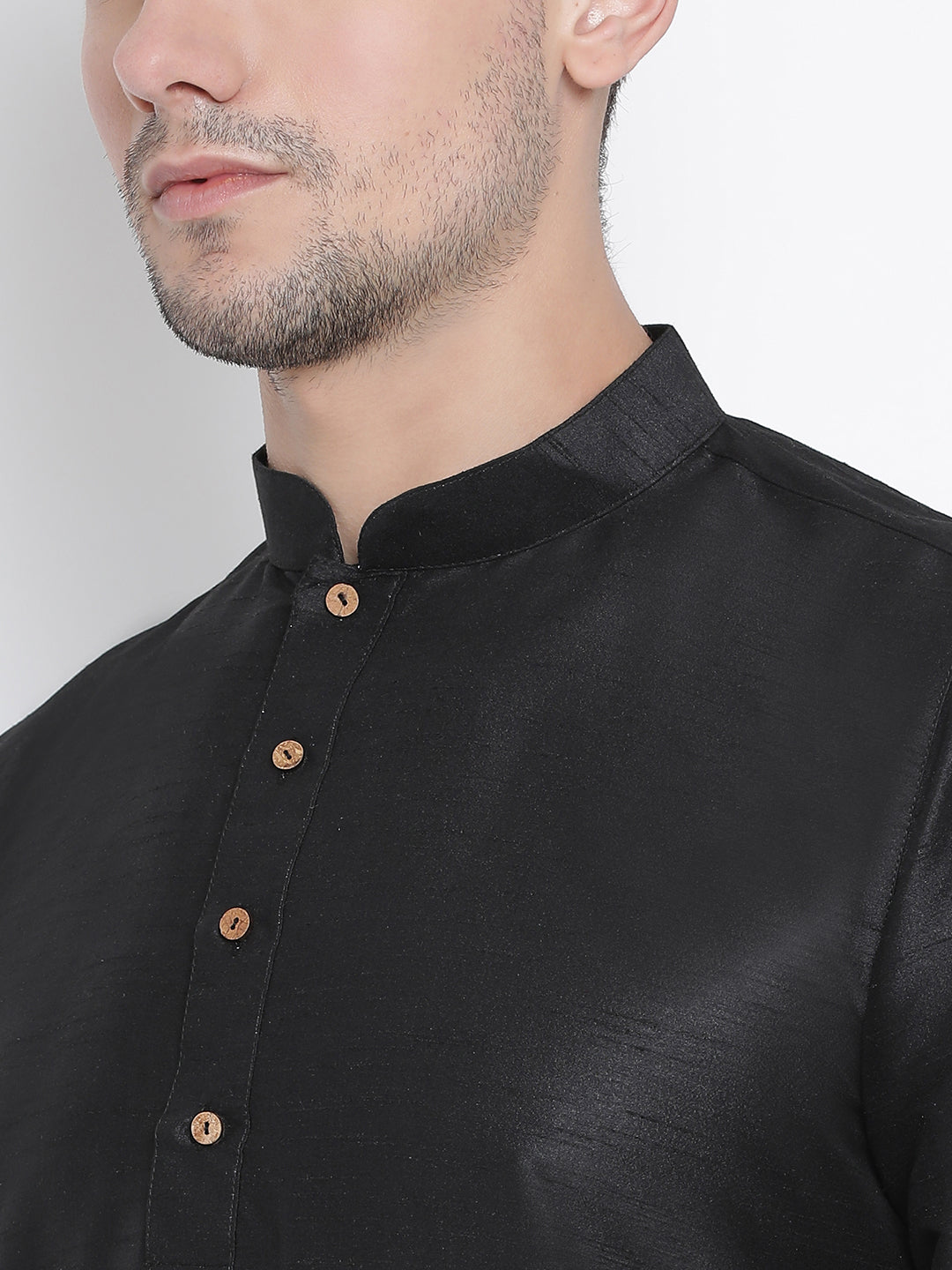 Sarvati Men's Black Silk Blend Curved Kurta Dhoti Set