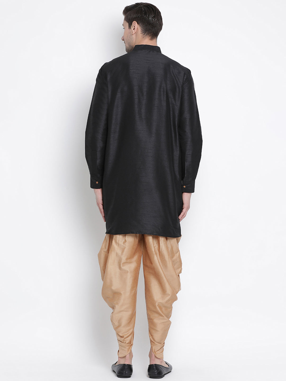 Sarvati Men's Black Silk Blend Curved Kurta Dhoti Set