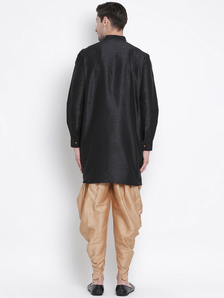Sarvati Men's Black Silk Blend Curved Kurta Dhoti Set