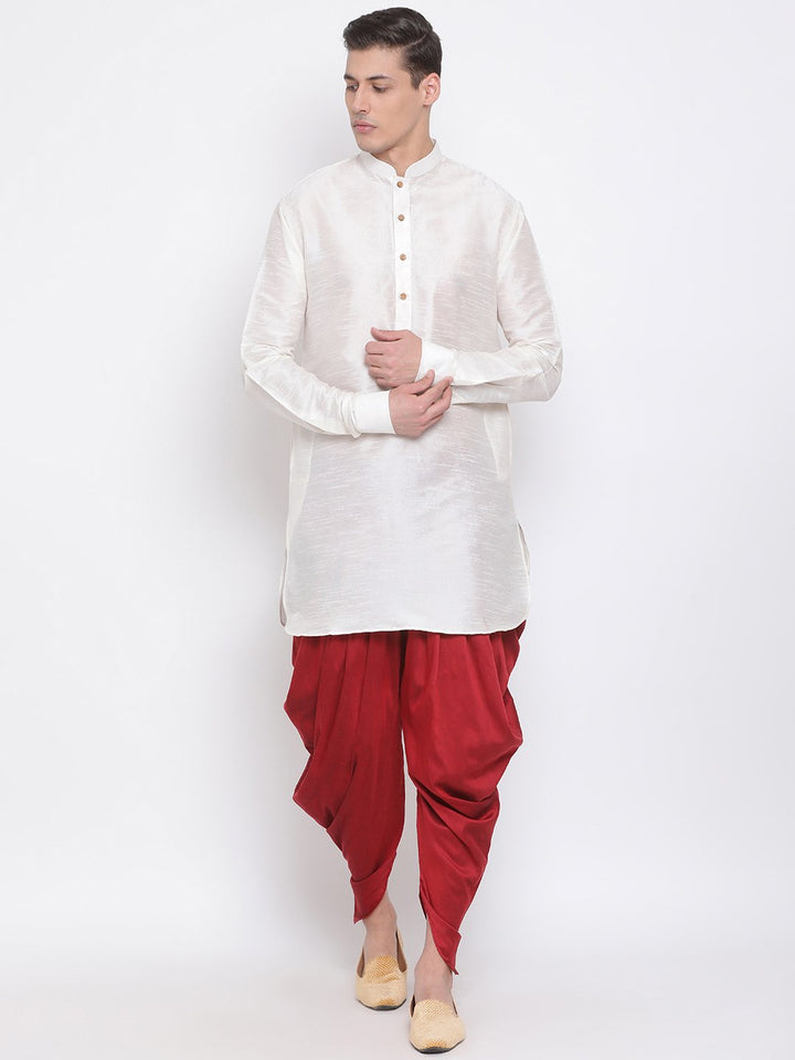 Sarvati Men's Cream Silk Blend Curved Kurta Dhoti Set