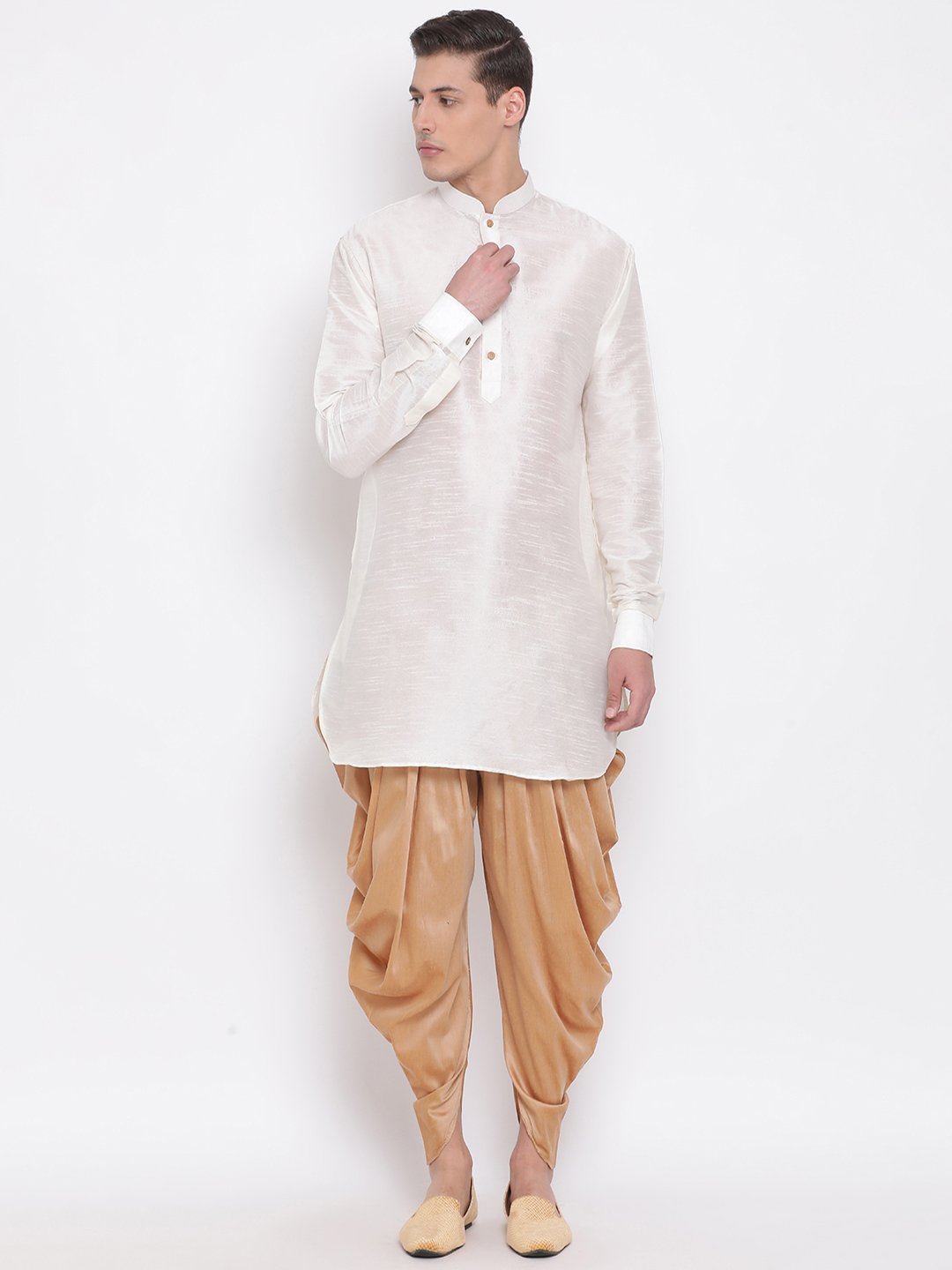 Sarvati Men's Cream Silk Blend Curved Kurta Dhoti Set