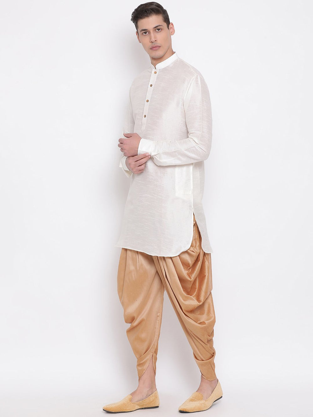 Sarvati Men's Cream Silk Blend Curved Kurta Dhoti Set