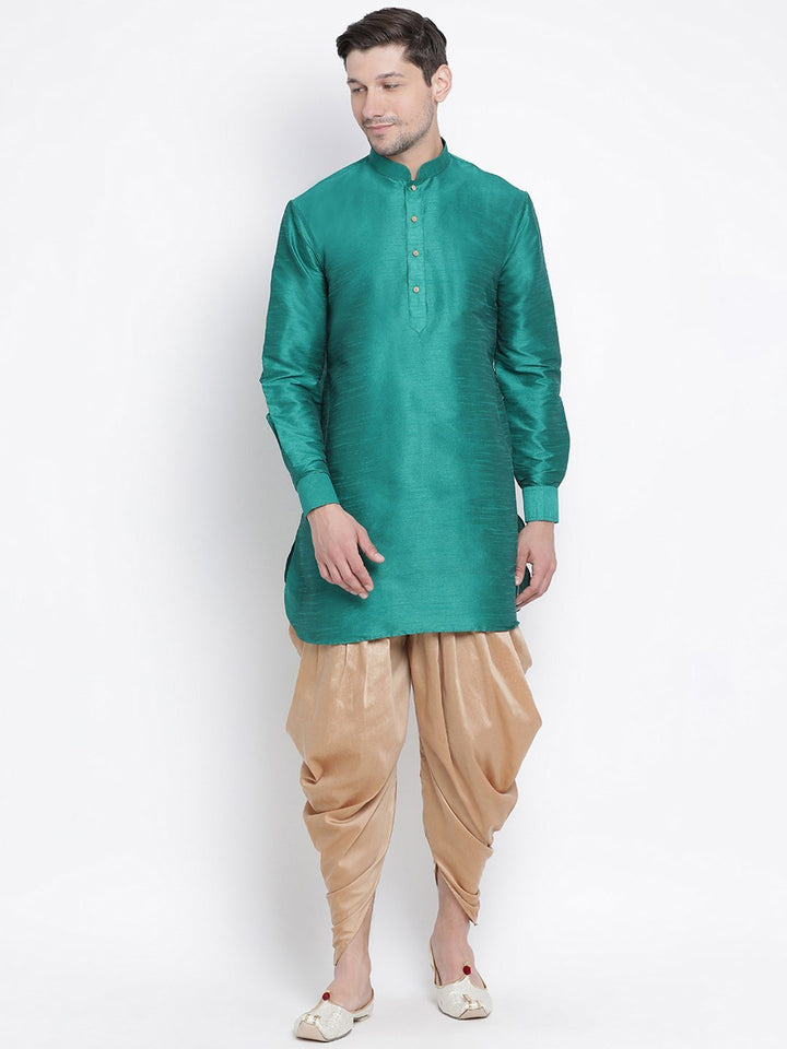 Sarvati Men's Green Silk Blend Curved Kurta Dhoti Set