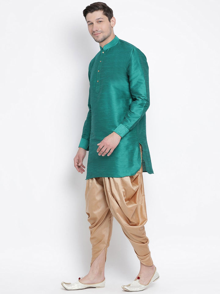 Sarvati Men's Green Silk Blend Curved Kurta Dhoti Set