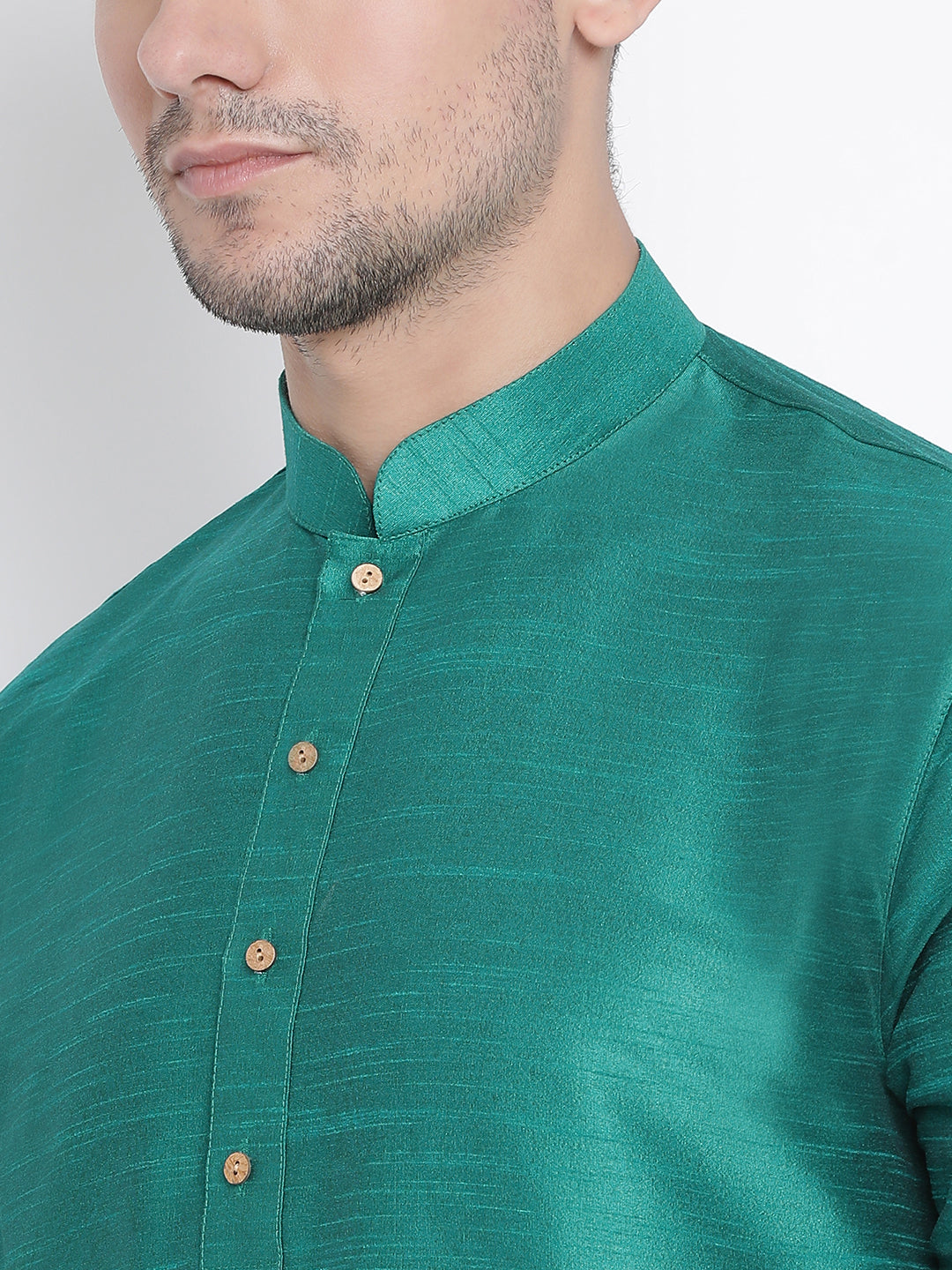 Sarvati Men's Green Silk Blend Curved Kurta Dhoti Set