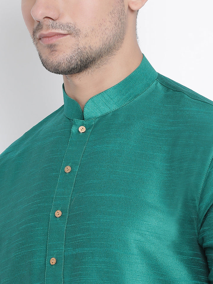 Sarvati Men's Green Silk Blend Curved Kurta Dhoti Set