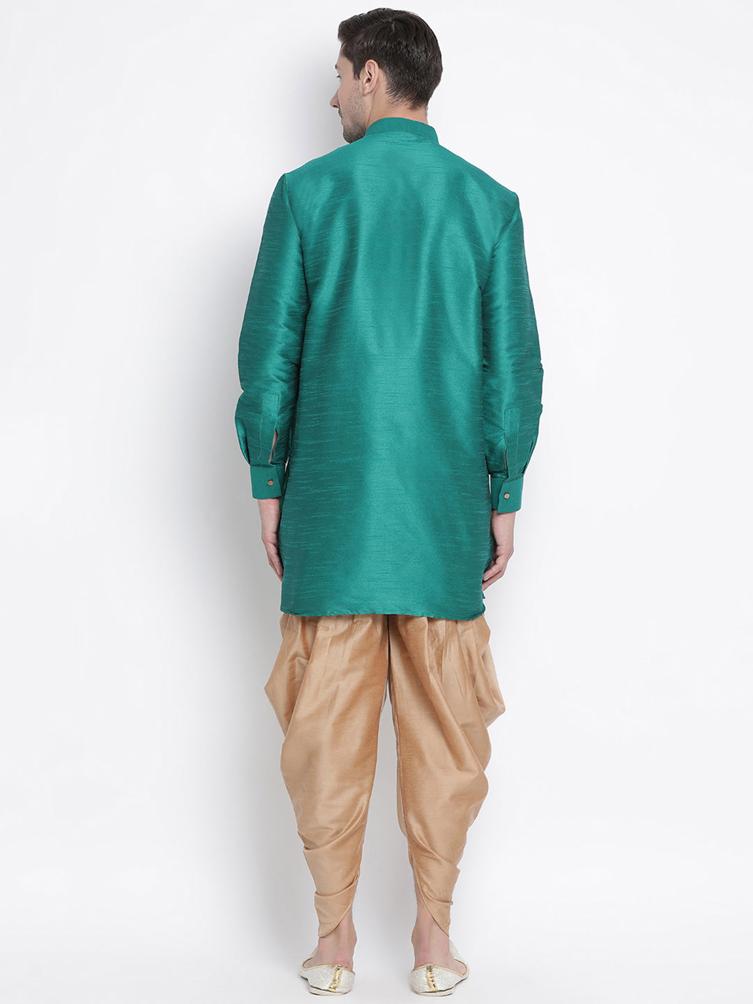 Sarvati Men's Green Silk Blend Curved Kurta Dhoti Set