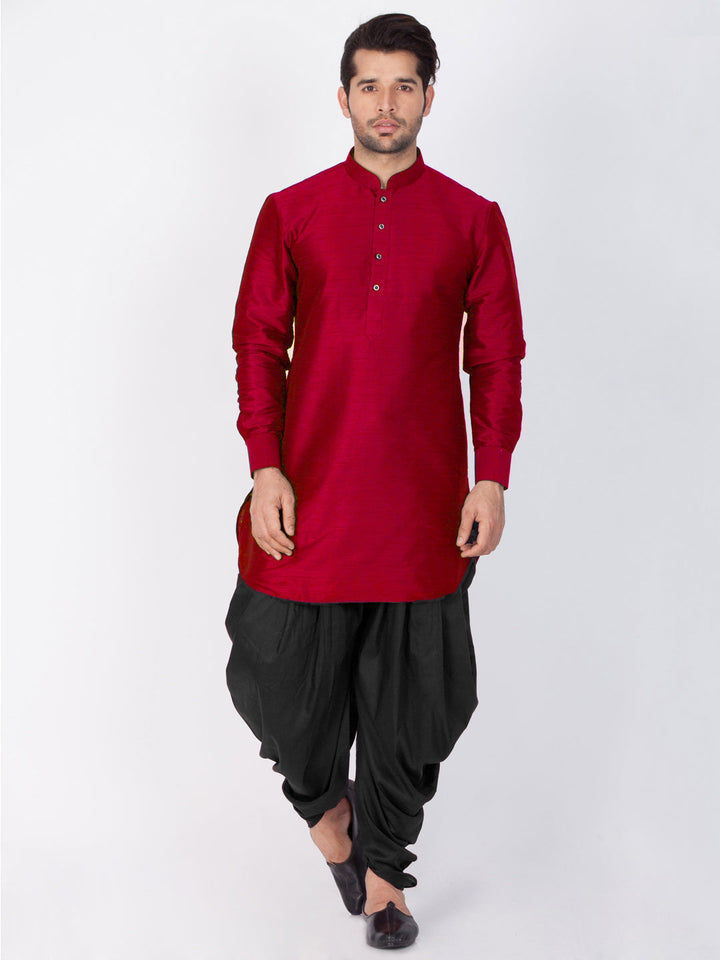 Sarvati Men's Maroon Silk Blend Curved Kurta Dhoti Set