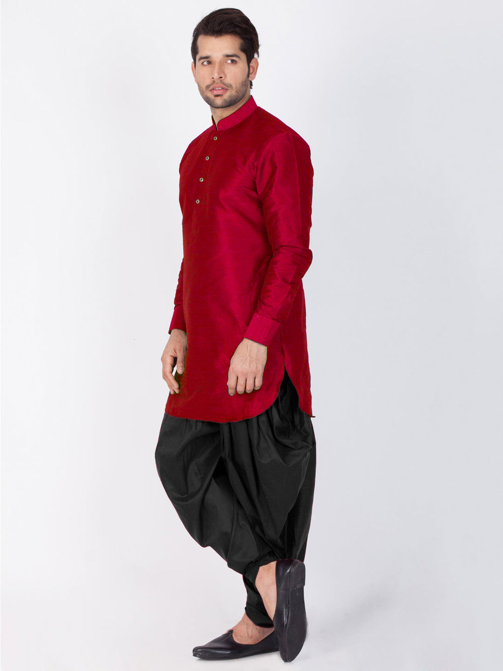 Sarvati Men's Maroon Silk Blend Curved Kurta Dhoti Set