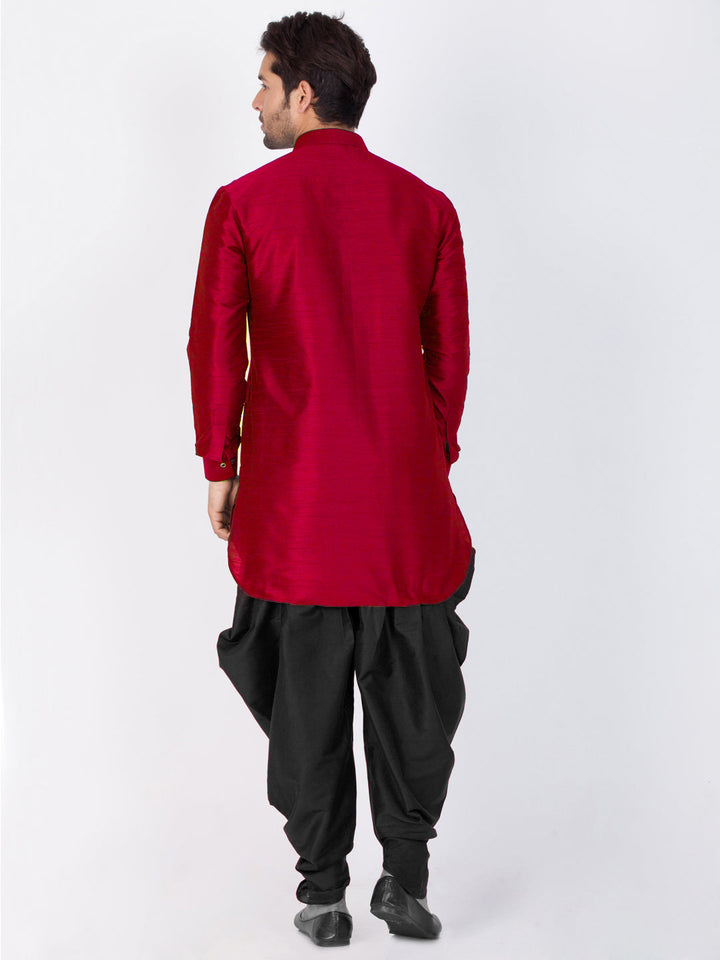 Sarvati Men's Maroon Silk Blend Curved Kurta Dhoti Set