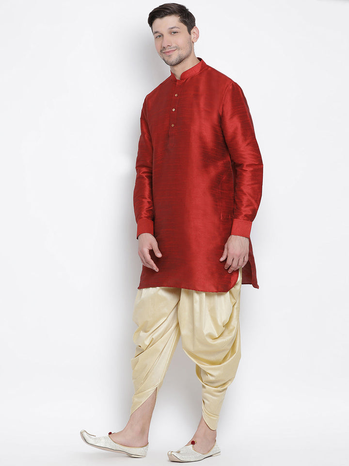 Sarvati Men's Maroon Silk Blend Curved Kurta Dhoti Set