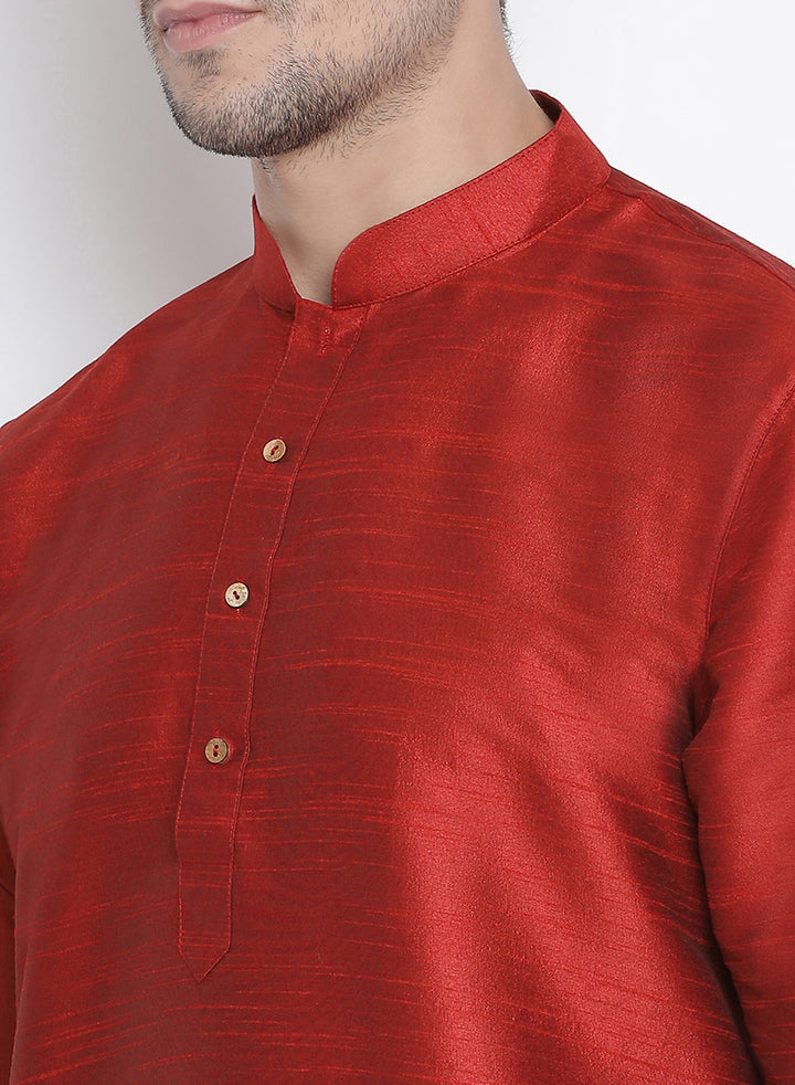 Sarvati Men's Maroon Silk Blend Curved Kurta Dhoti Set