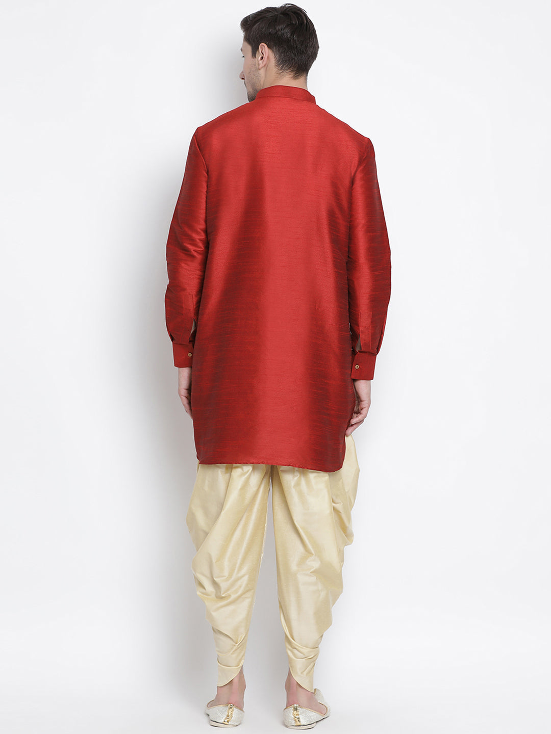 Sarvati Men's Maroon Silk Blend Curved Kurta Dhoti Set