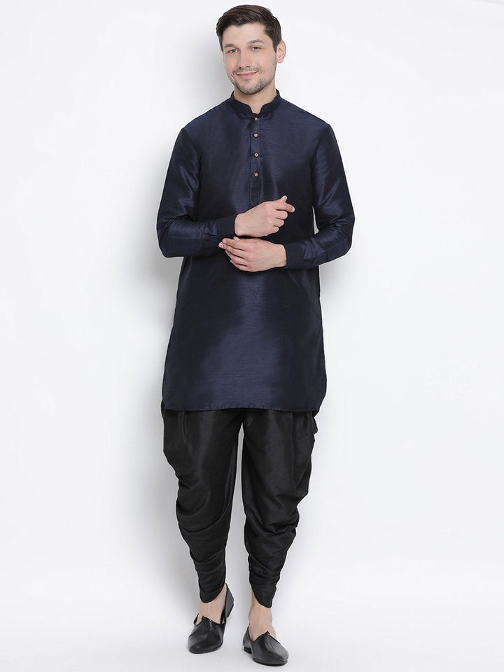 Sarvati Men's Navy Blue Silk Blend Curved Kurta Dhoti Set