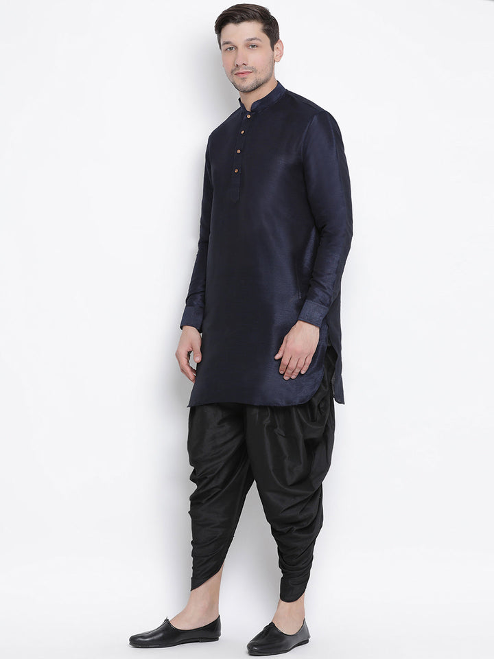 Sarvati Men's Navy Blue Silk Blend Curved Kurta Dhoti Set