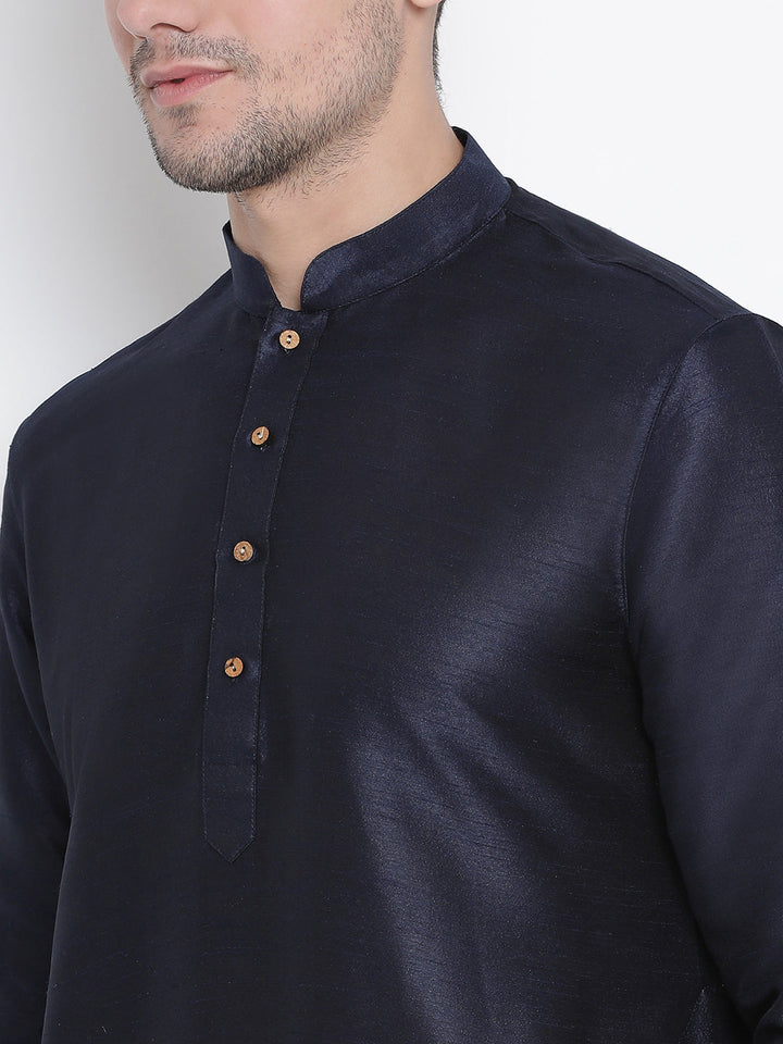 Sarvati Men's Navy Blue Silk Blend Curved Kurta Dhoti Set