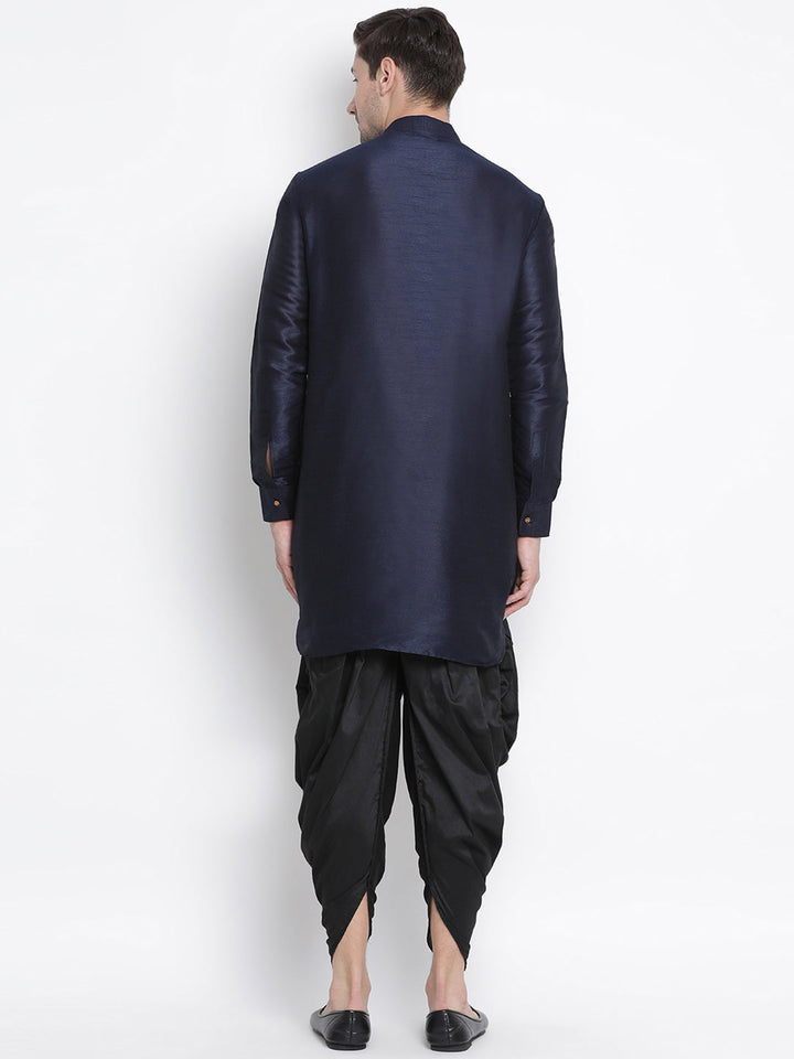 Sarvati Men's Navy Blue Silk Blend Curved Kurta Dhoti Set