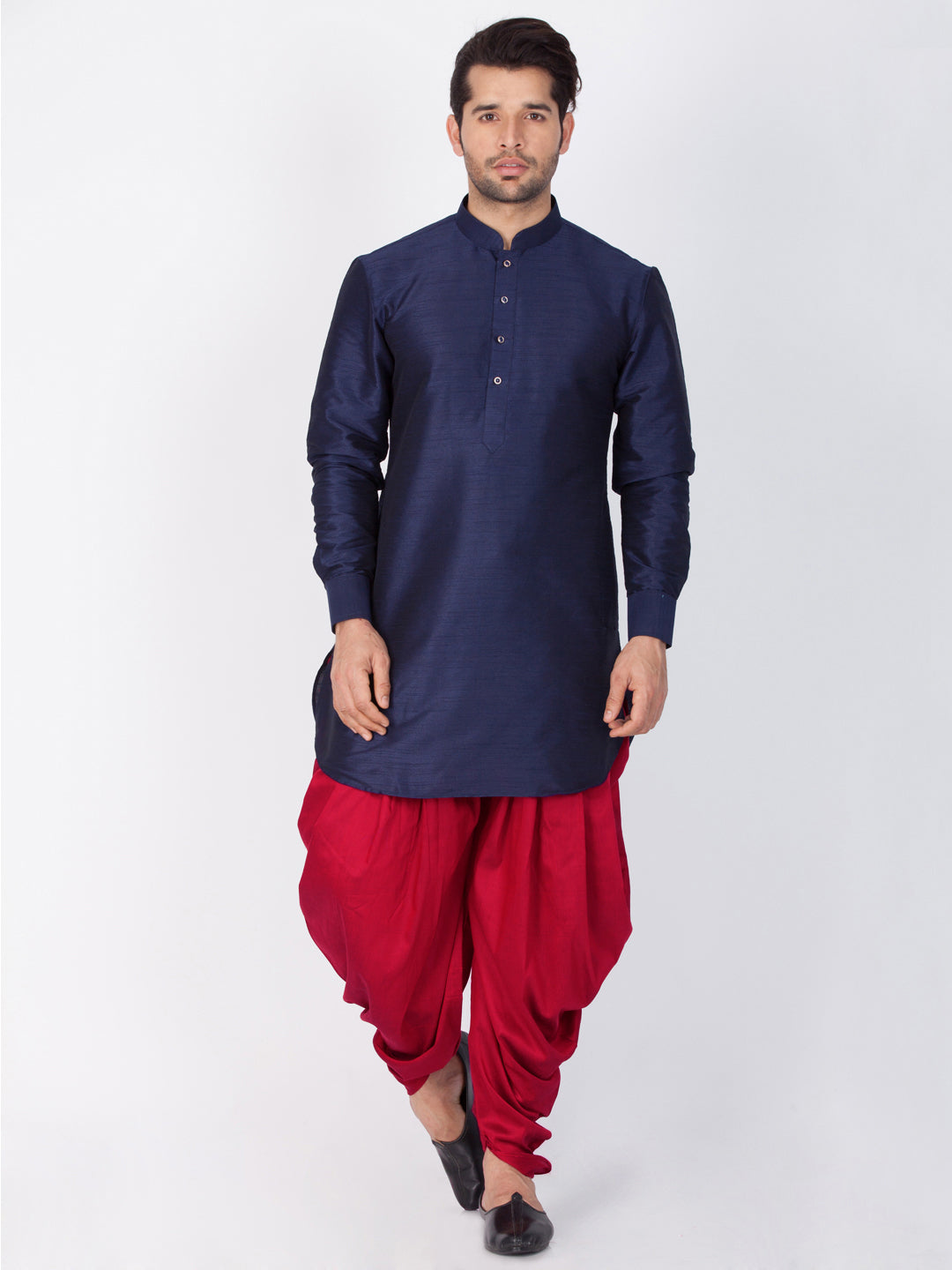 Sarvati Men's Blue Silk Blend Curved Kurta Dhoti Set