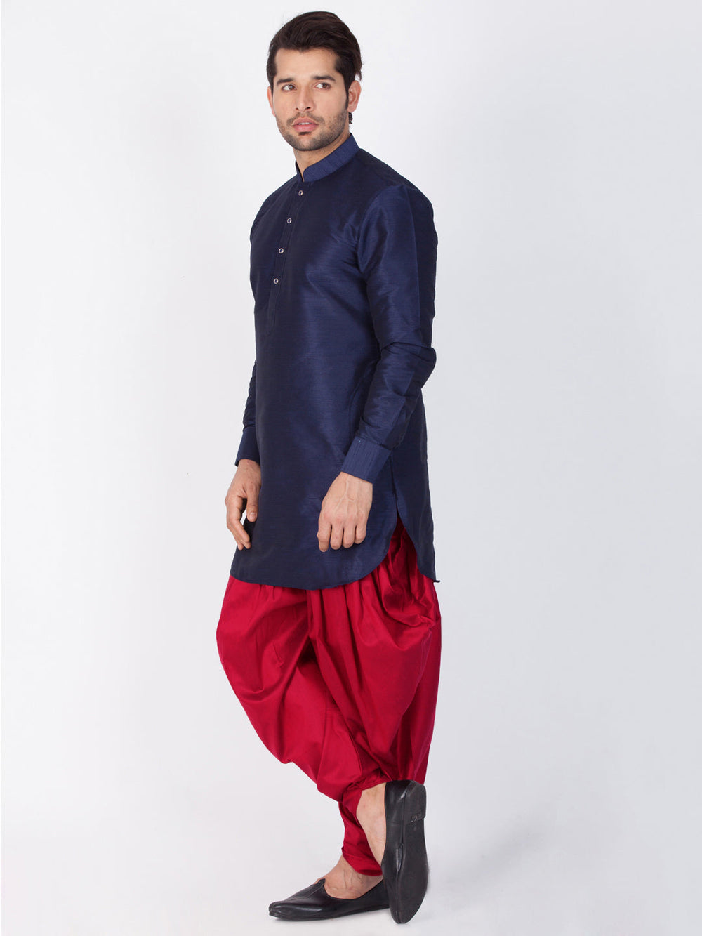 Sarvati Men's Blue Silk Blend Curved Kurta Dhoti Set