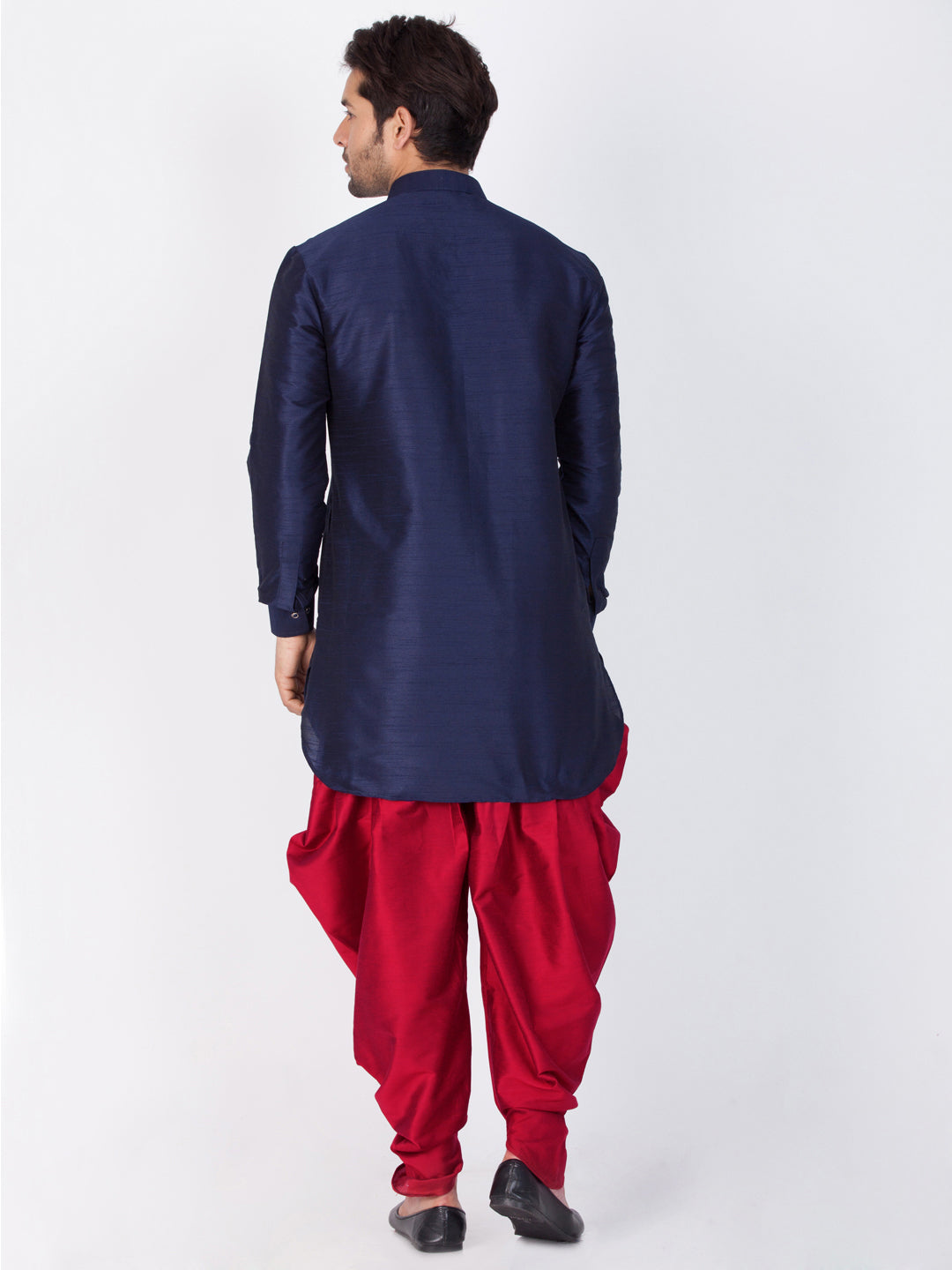 Sarvati Men's Blue Silk Blend Curved Kurta Dhoti Set