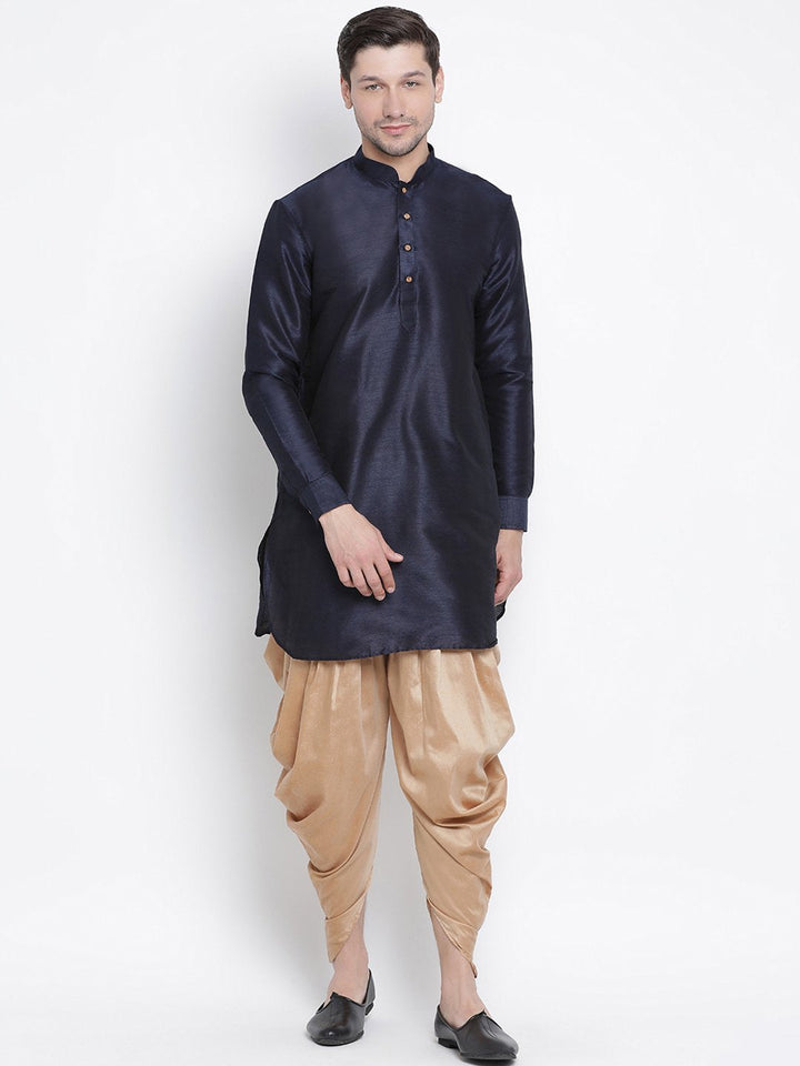 Sarvati Men's Navy Blue Silk Curved Kurta Dhoti Set