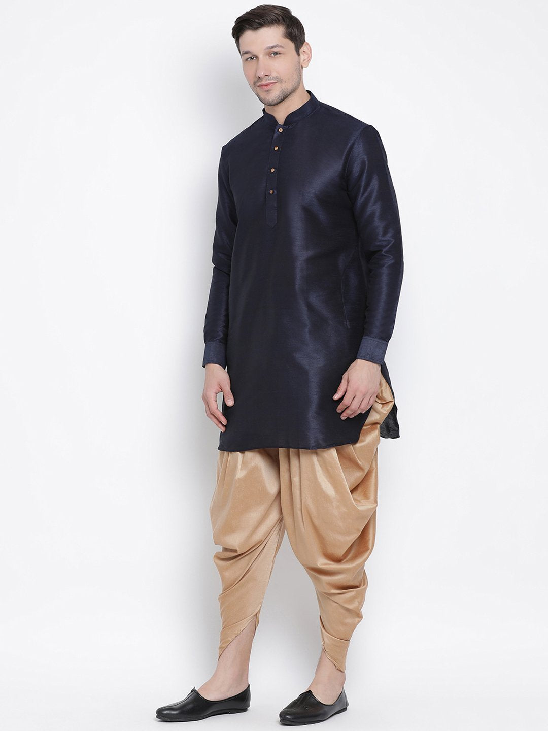 Sarvati Men's Navy Blue Silk Curved Kurta Dhoti Set