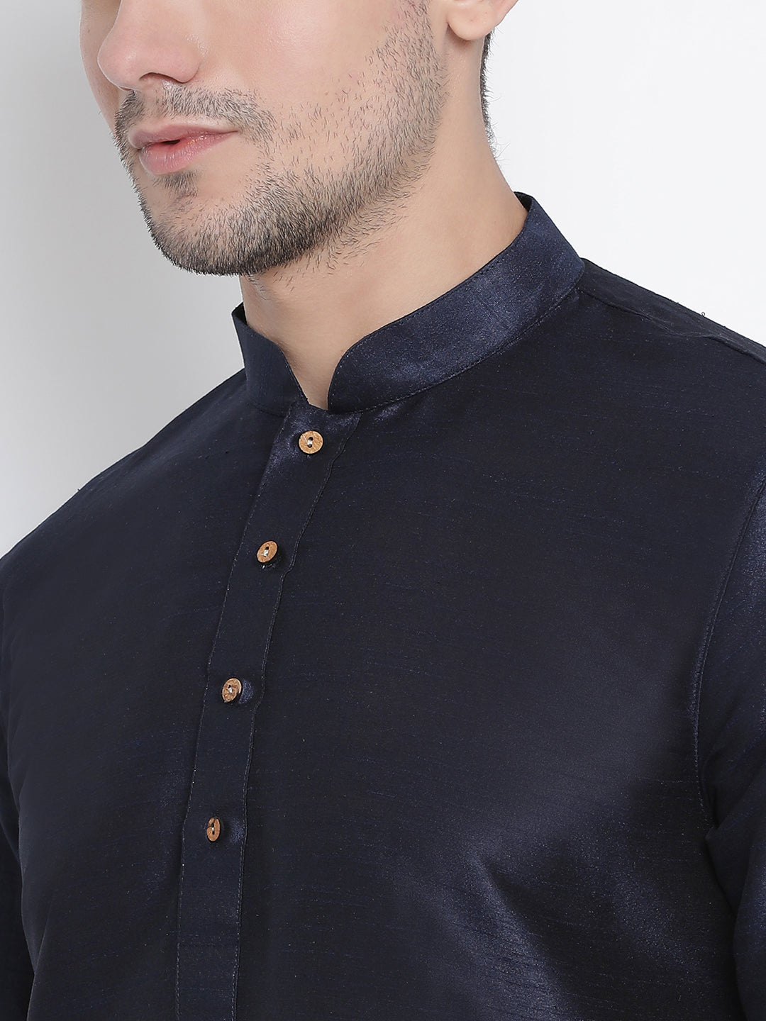 Sarvati Men's Navy Blue Silk Curved Kurta Dhoti Set