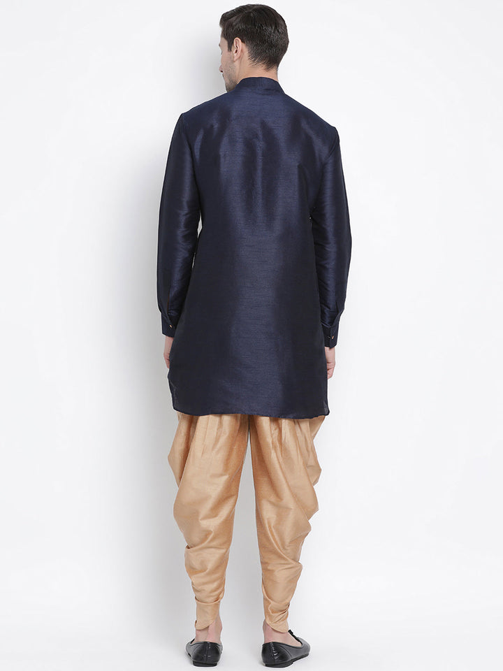 Sarvati Men's Navy Blue Silk Curved Kurta Dhoti Set