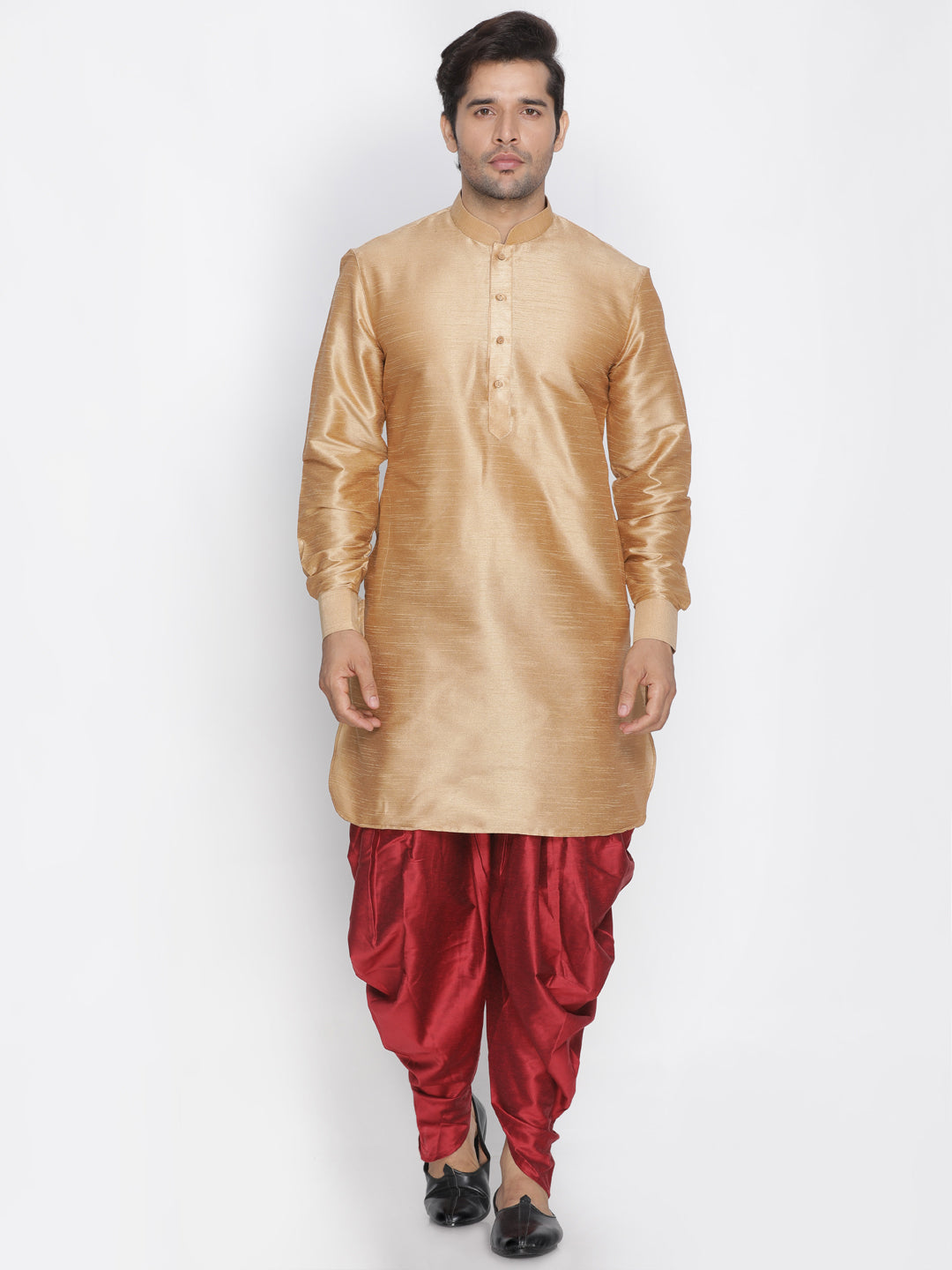 Sarvati Men's Rose Gold Silk Blend Curved Kurta Dhoti Set