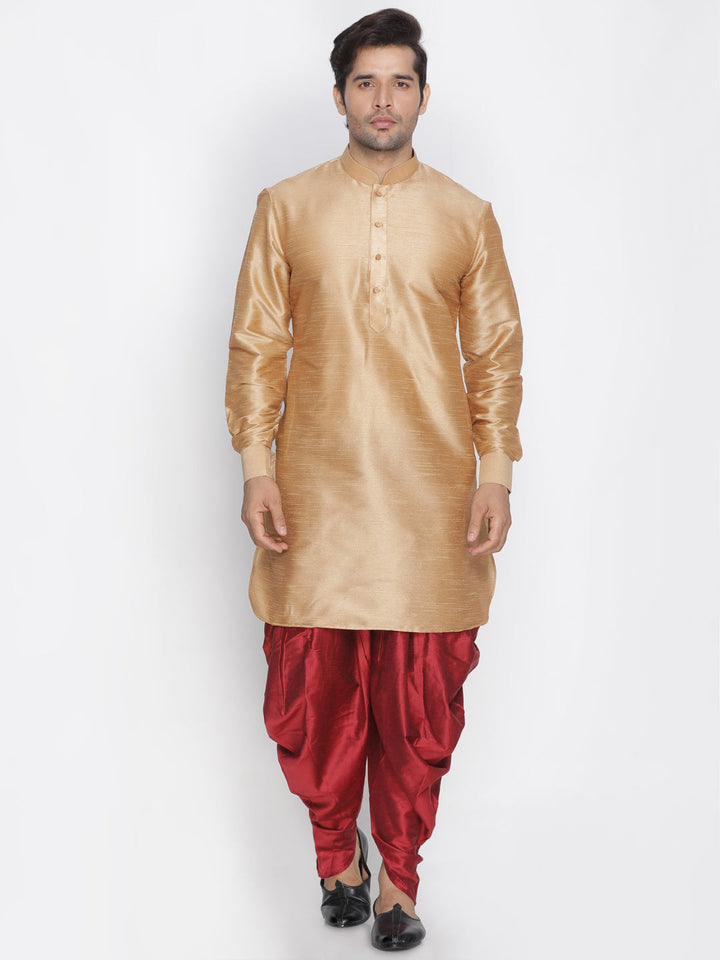 Sarvati Men's Rose Gold Silk Blend Curved Kurta Dhoti Set