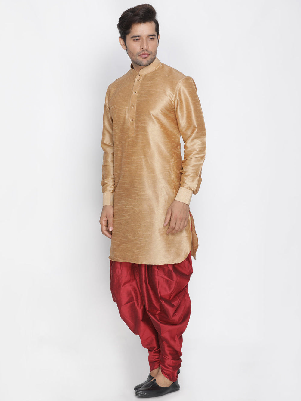 Sarvati Men's Rose Gold Silk Blend Curved Kurta Dhoti Set
