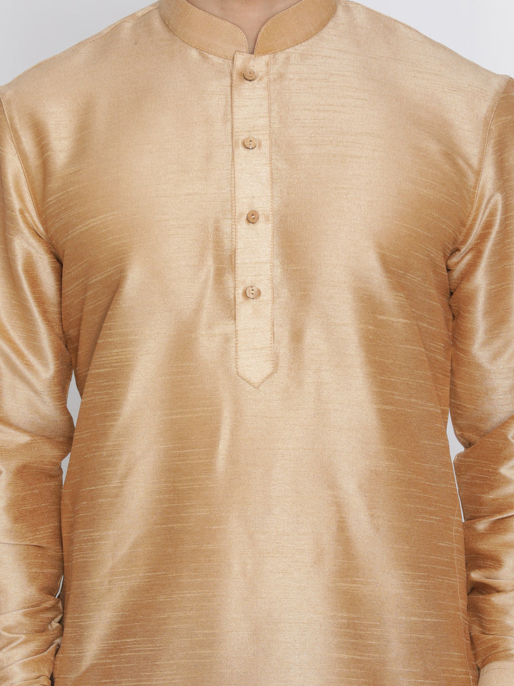 Sarvati Men's Rose Gold Silk Blend Curved Kurta Dhoti Set