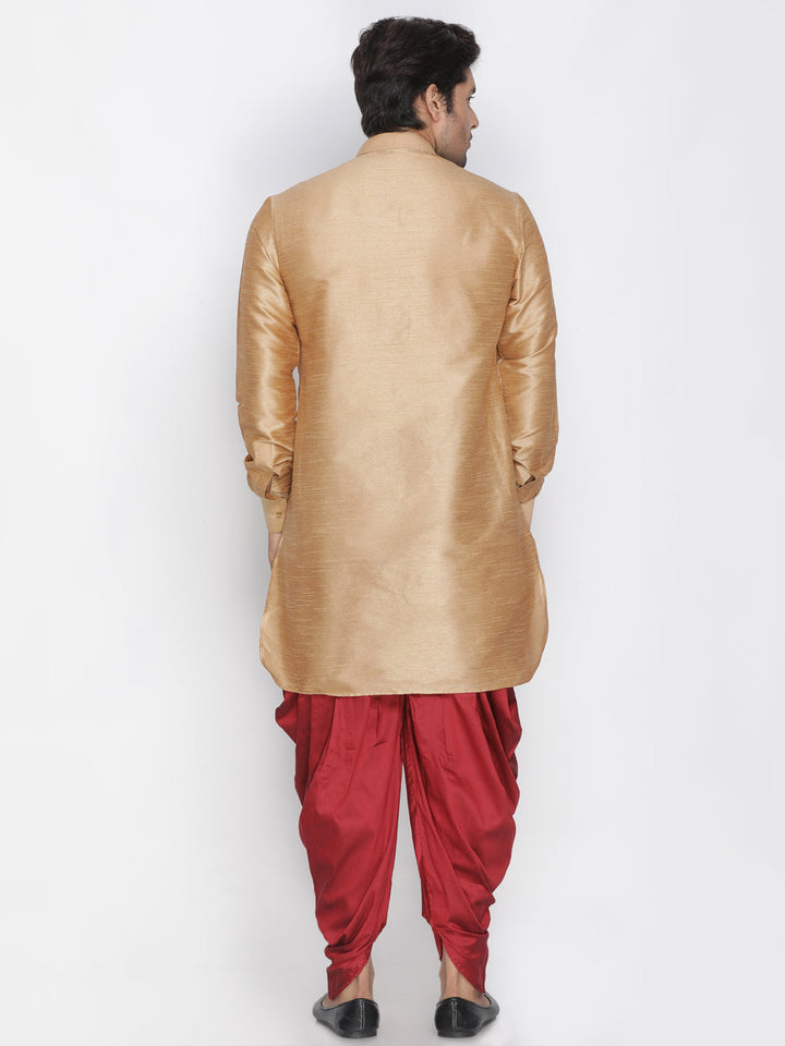 Sarvati Men's Rose Gold Silk Blend Curved Kurta Dhoti Set