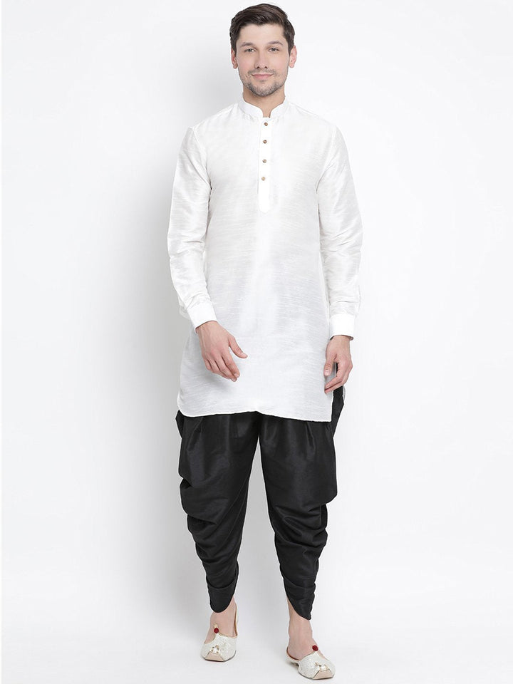 Sarvati Men's White Silk Blend Curved Kurta Dhoti Set