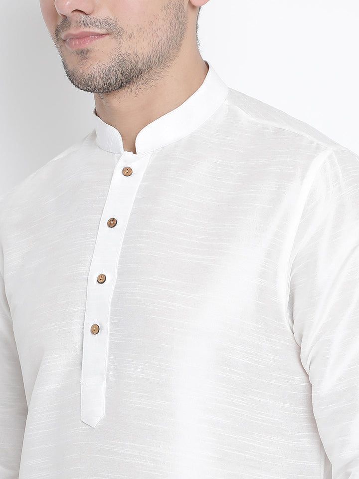 Sarvati Men's White Silk Blend Curved Kurta Dhoti Set