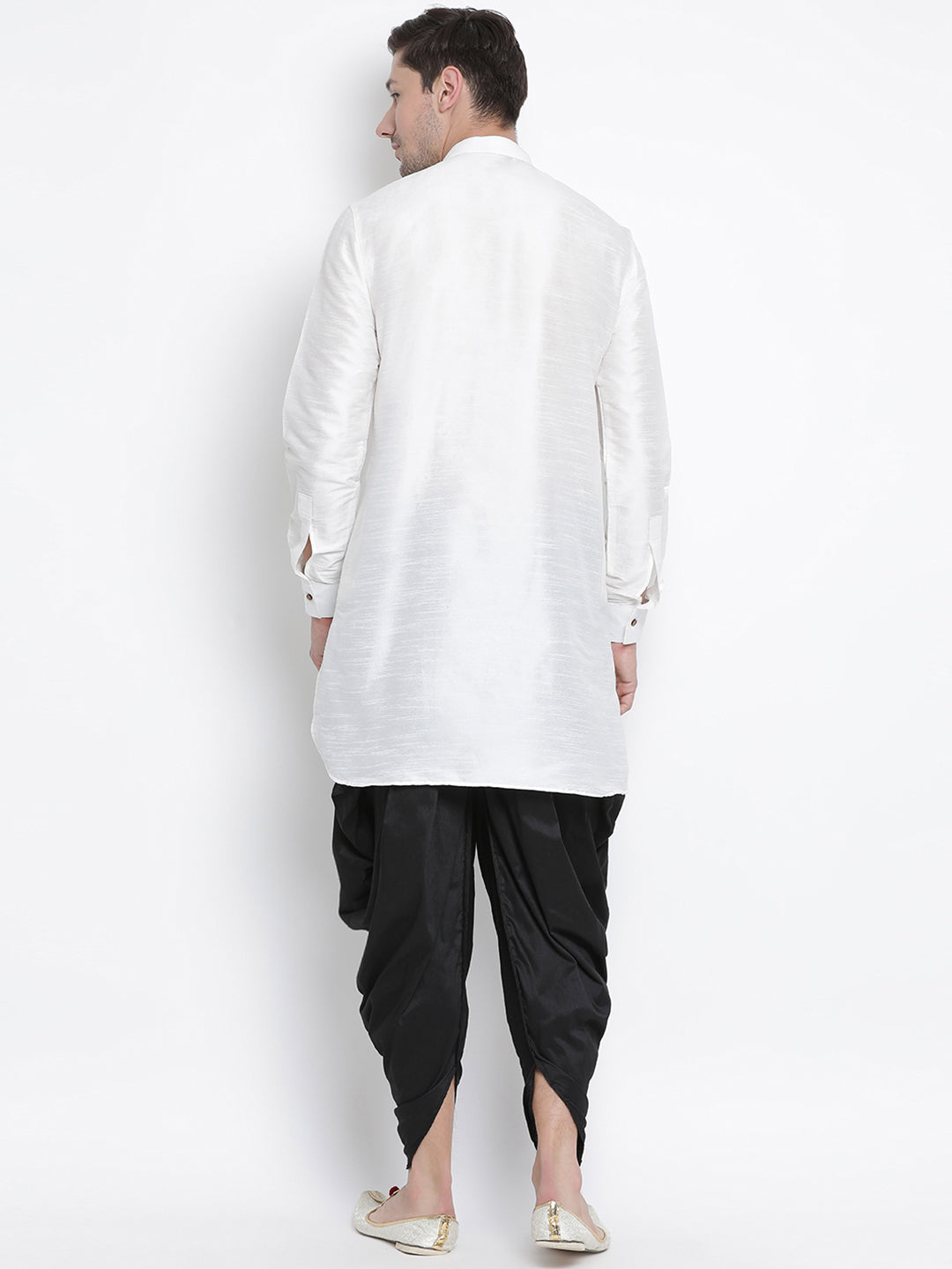 Sarvati Men's White Silk Blend Curved Kurta Dhoti Set