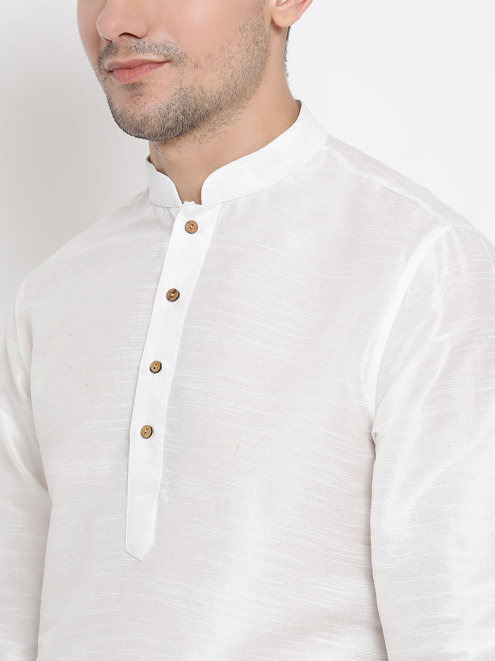 Sarvati Men's White Silk Blend Curved Kurta Dhoti Set