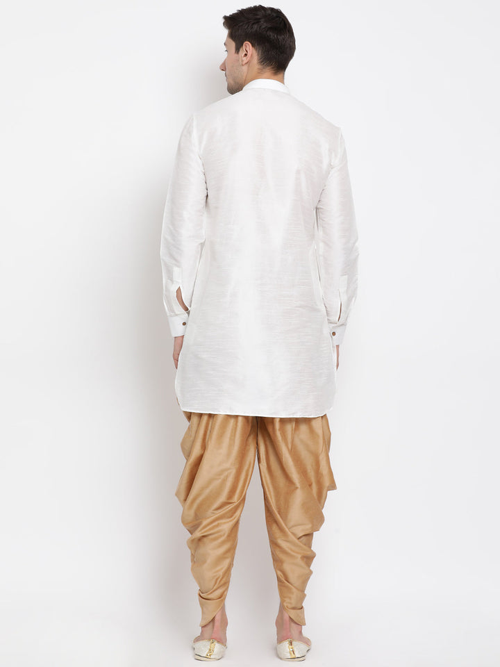 Sarvati Men's White Silk Blend Curved Kurta Dhoti Set