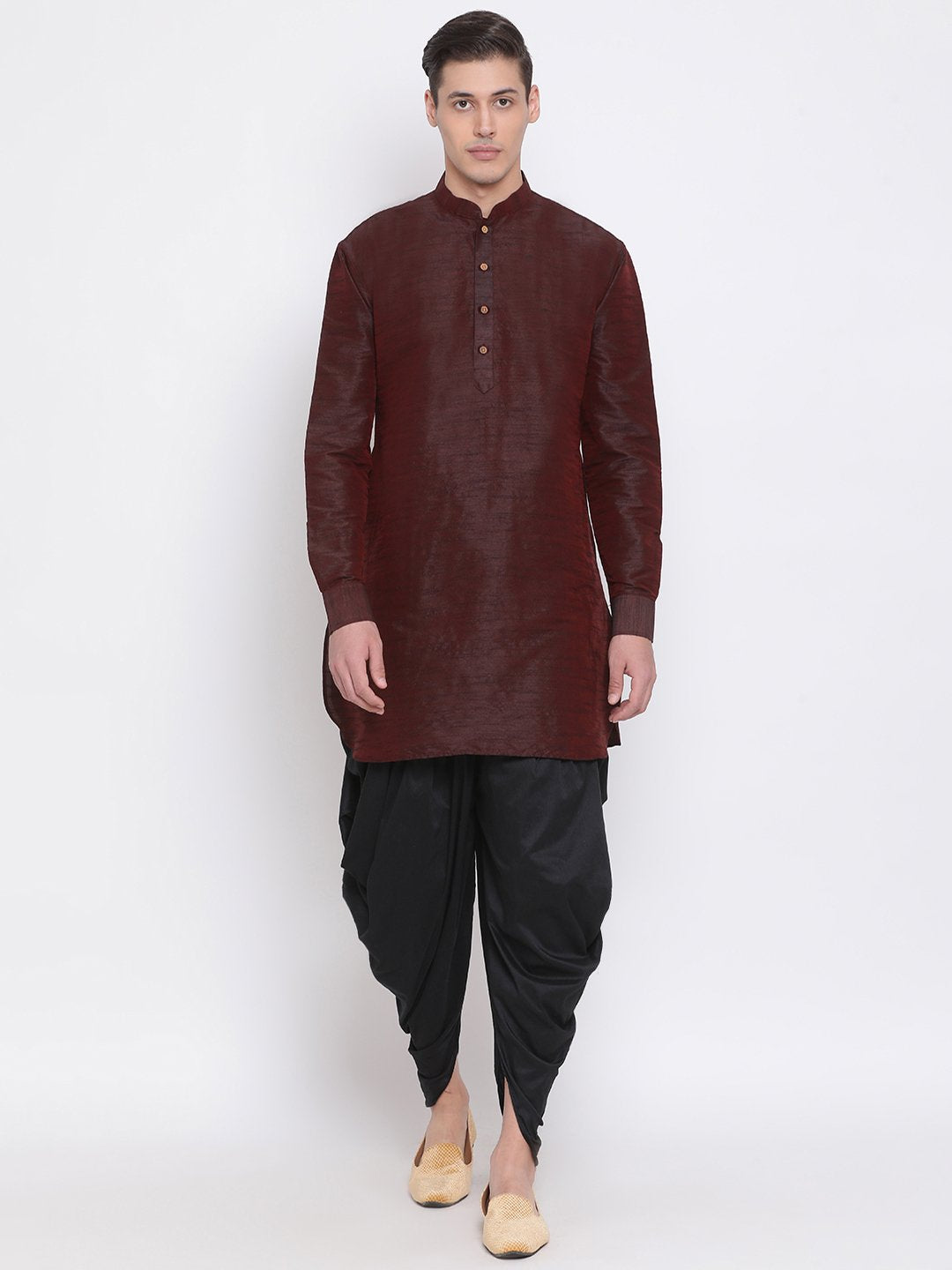 Sarvati Men's Burgundy Silk Blend Curved Kurta Dhoti Set