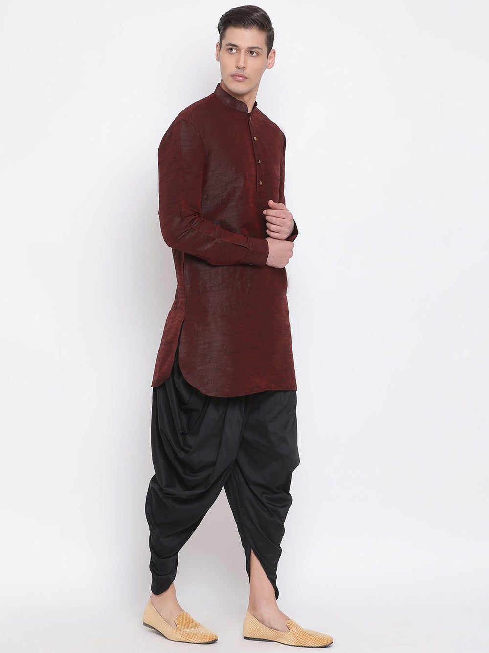 Sarvati Men's Burgundy Silk Blend Curved Kurta Dhoti Set