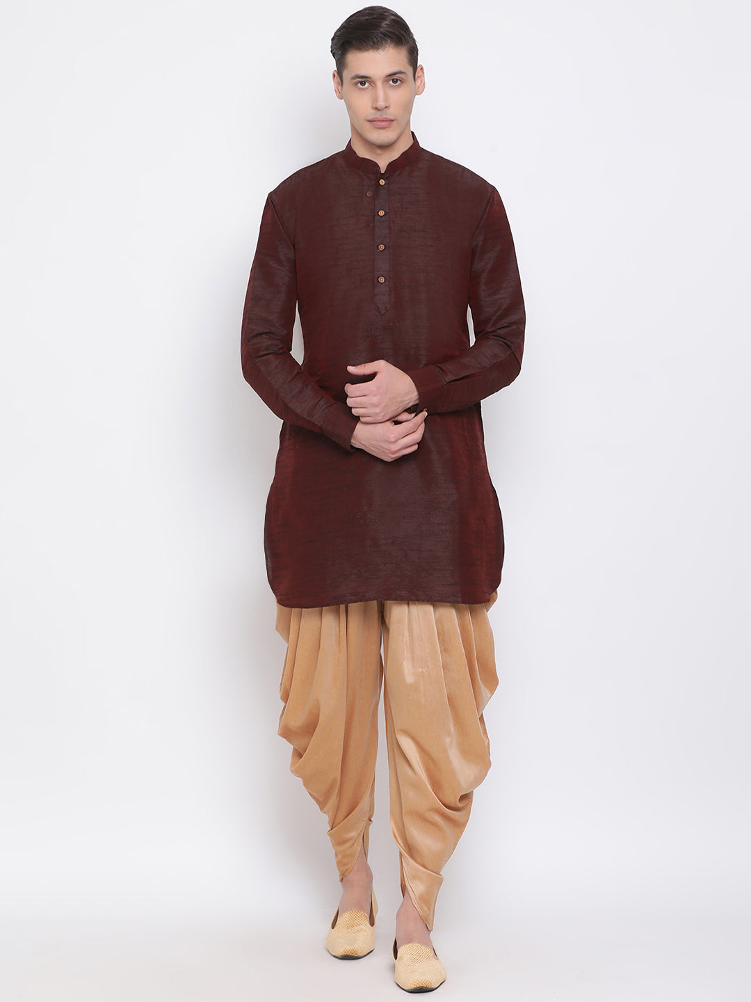 Sarvati Men's Burgundy Silk Blend Curved Kurta Dhoti Set