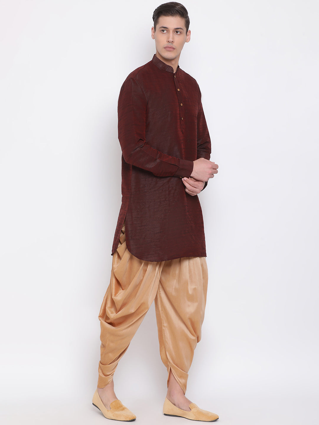 Sarvati Men's Burgundy Silk Blend Curved Kurta Dhoti Set