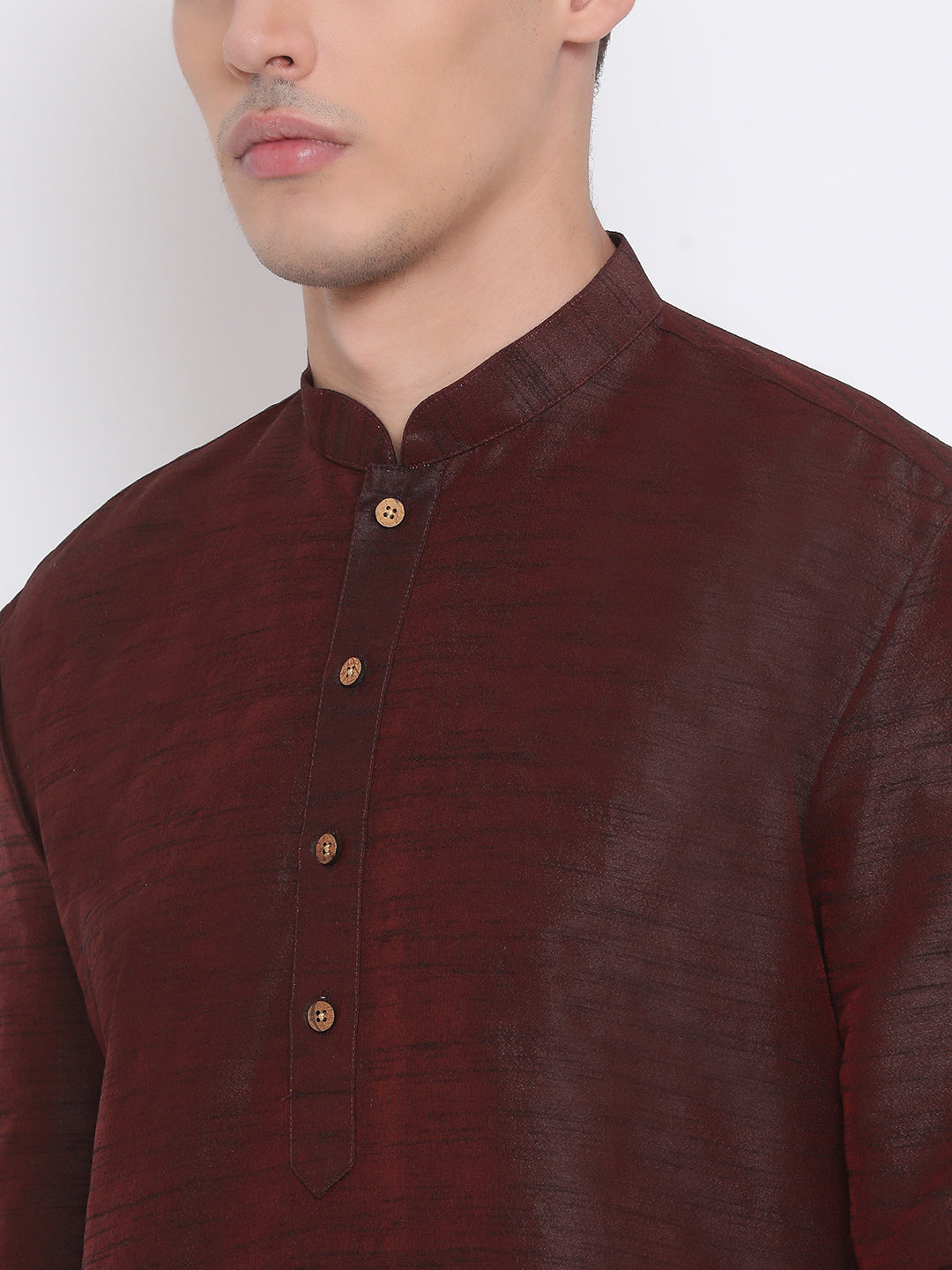 Sarvati Men's Burgundy Silk Blend Curved Kurta Dhoti Set